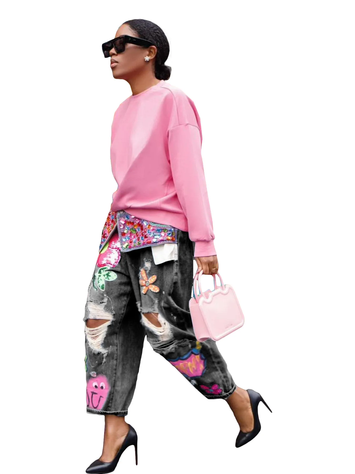 Women Denim Pant Jeans Print Floral Long Pants Hot Drilling High Waist Straight Trousers Y2k Streetwear Elegant Hole Work 2026