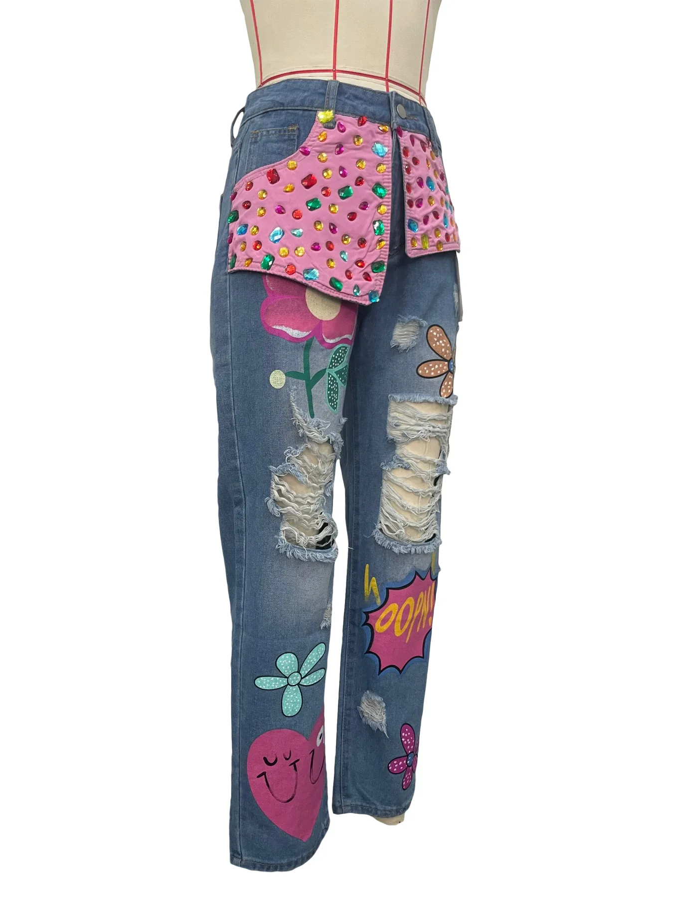 Women Denim Pant Jeans Print Floral Long Pants Hot Drilling High Waist Straight Trousers Y2k Streetwear Elegant Hole Work 2026