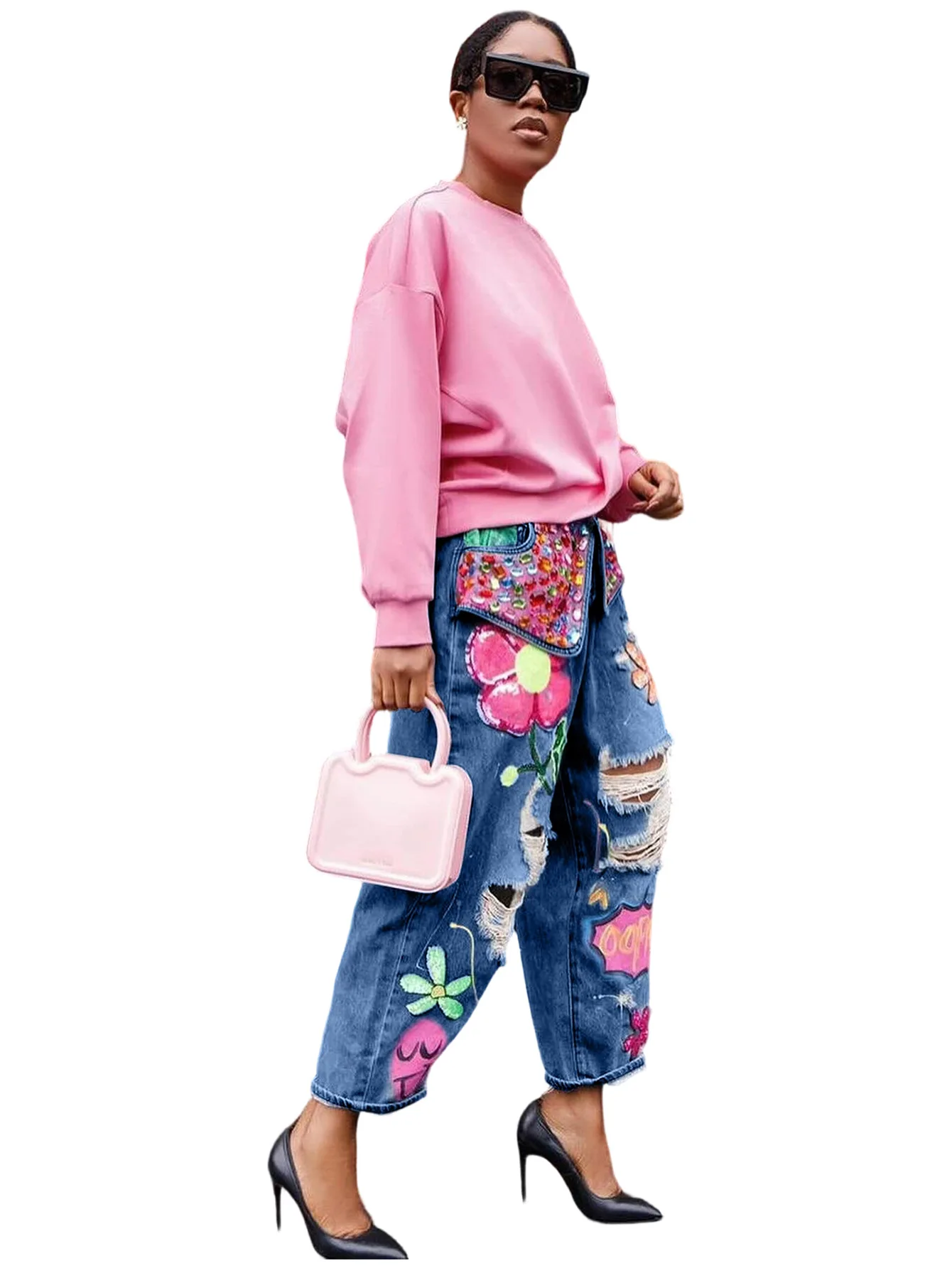 Women Denim Pant Jeans Print Floral Long Pants Hot Drilling High Waist Straight Trousers Y2k Streetwear Elegant Hole Work 2026