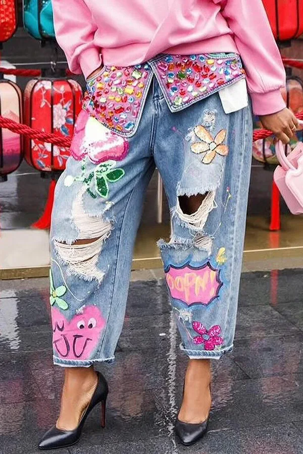 Women Denim Pant Jeans Print Floral Long Pants Hot Drilling High Waist Straight Trousers Y2k Streetwear Elegant Hole Work 2026