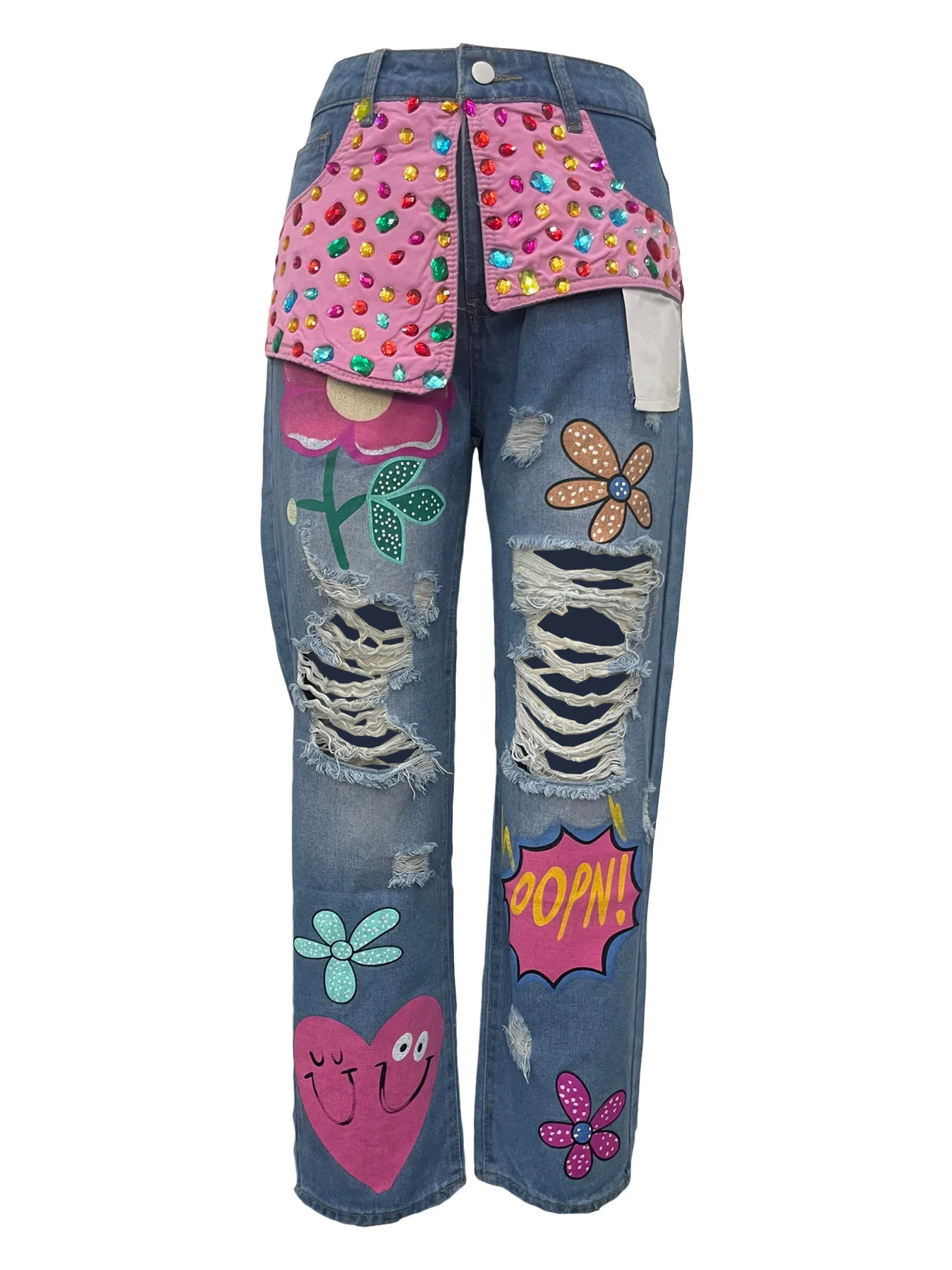Women Denim Pant Jeans Print Floral Long Pants Hot Drilling High Waist Straight Trousers Y2k Streetwear Elegant Hole Work 2026