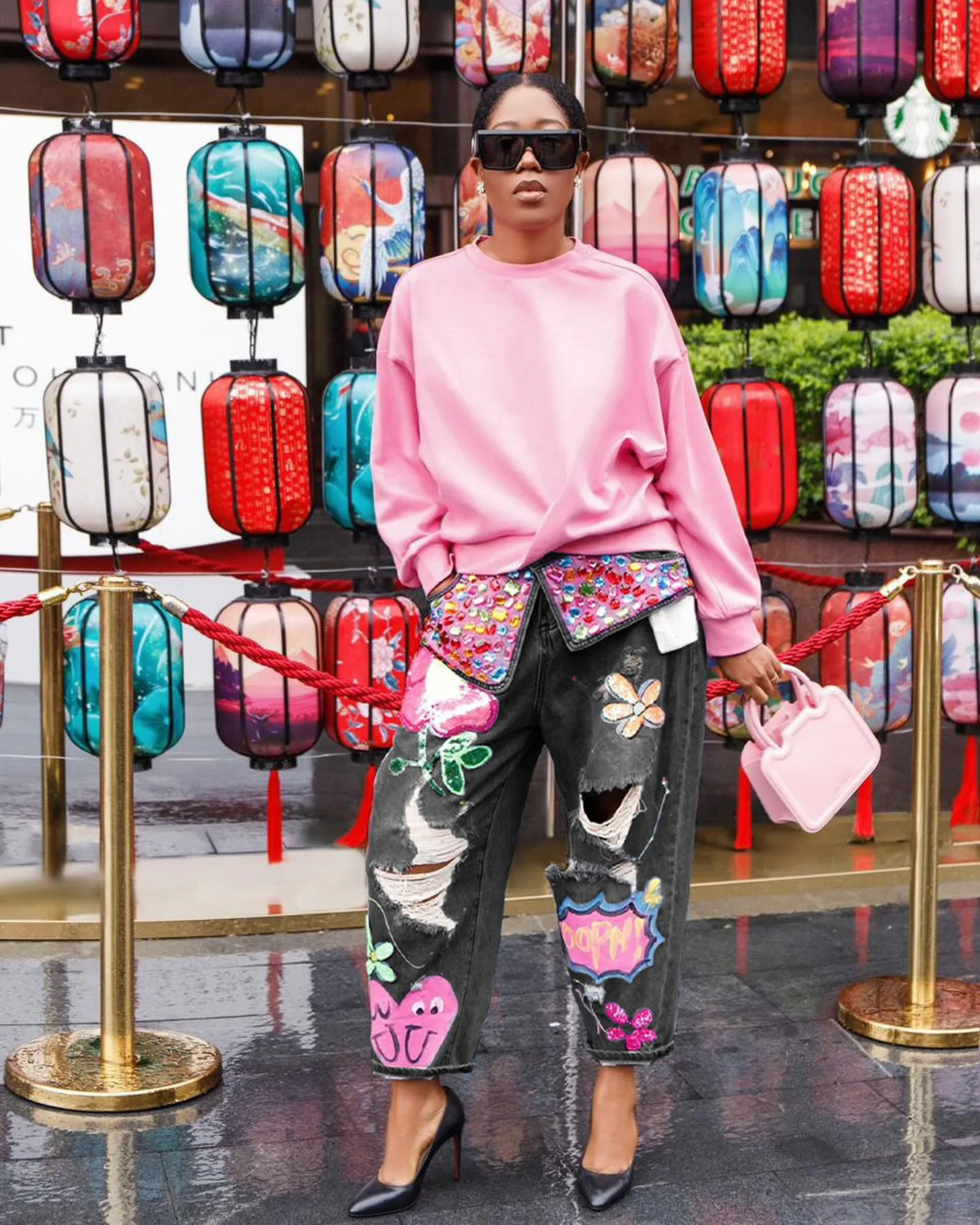 Women Denim Pant Jeans Print Floral Long Pants Hot Drilling High Waist Straight Trousers Y2k Streetwear Elegant Hole Work 2026