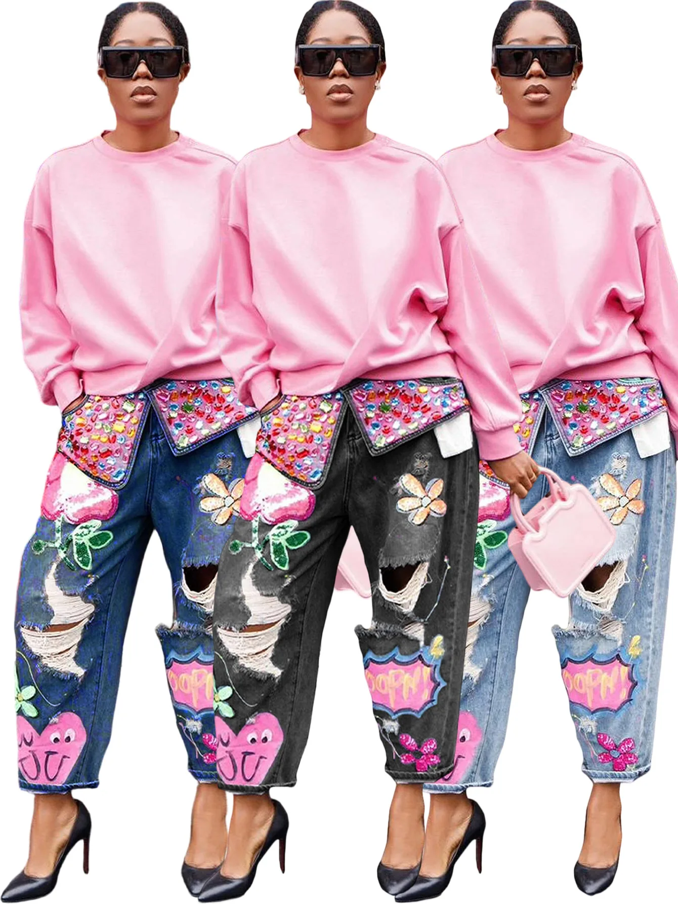 Women Denim Pant Jeans Print Floral Long Pants Hot Drilling High Waist Straight Trousers Y2k Streetwear Elegant Hole Work 2026