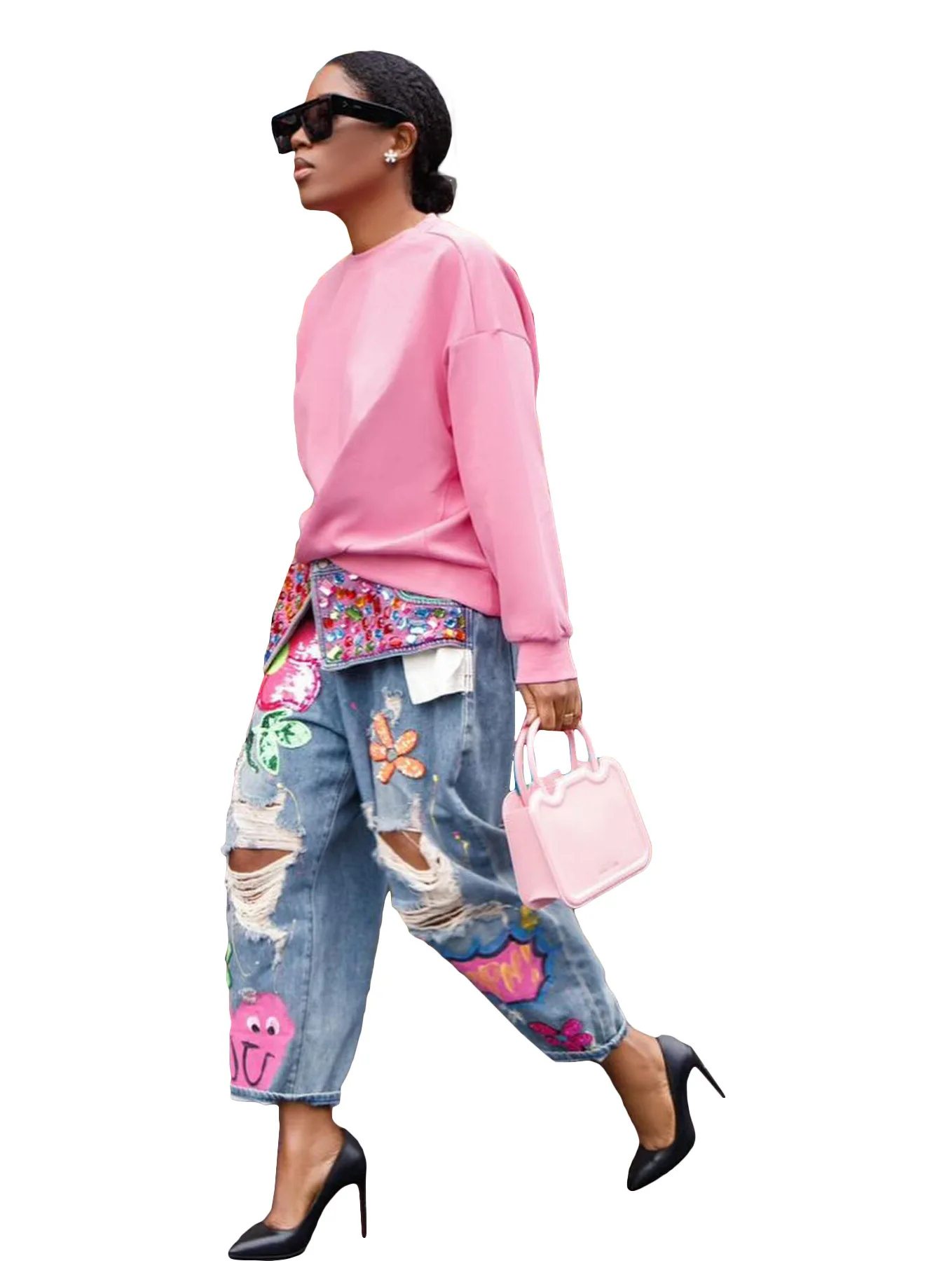Women Denim Pant Jeans Print Floral Long Pants Hot Drilling High Waist Straight Trousers Y2k Streetwear Elegant Hole Work 2026