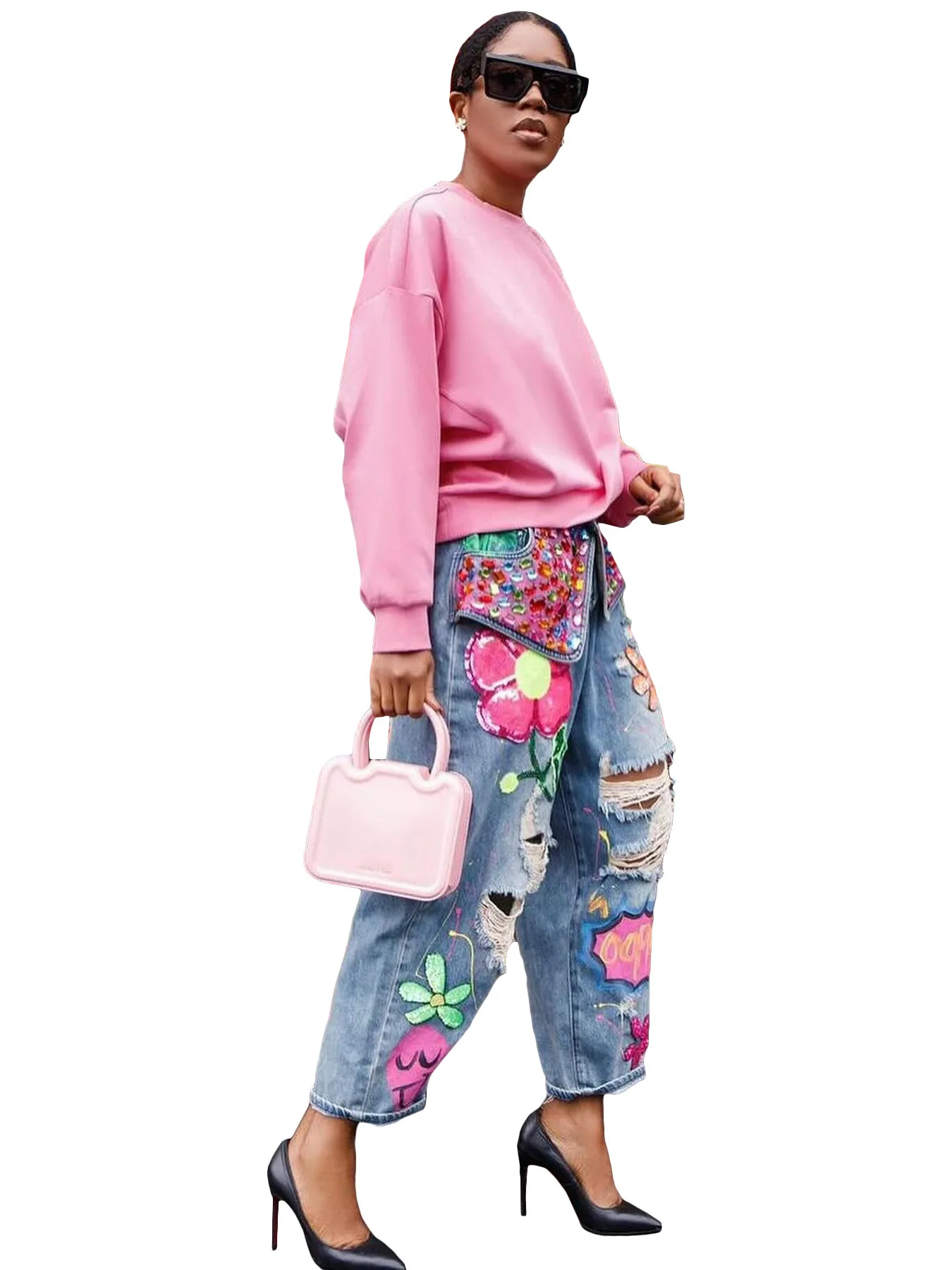 Women Denim Pant Jeans Print Floral Long Pants Hot Drilling High Waist Straight Trousers Y2k Streetwear Elegant Hole Work 2026