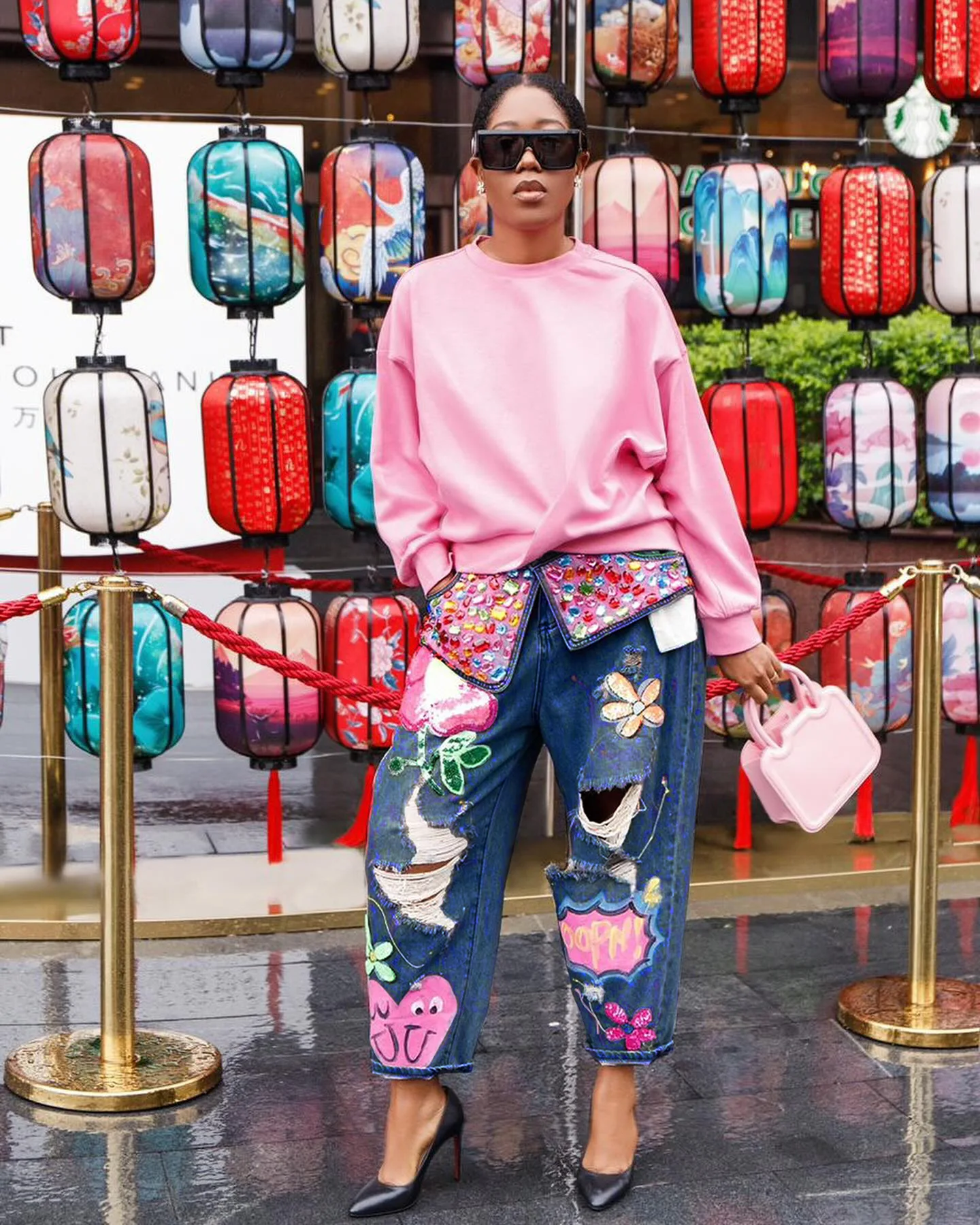 Women Denim Pant Jeans Print Floral Long Pants Hot Drilling High Waist Straight Trousers Y2k Streetwear Elegant Hole Work 2026