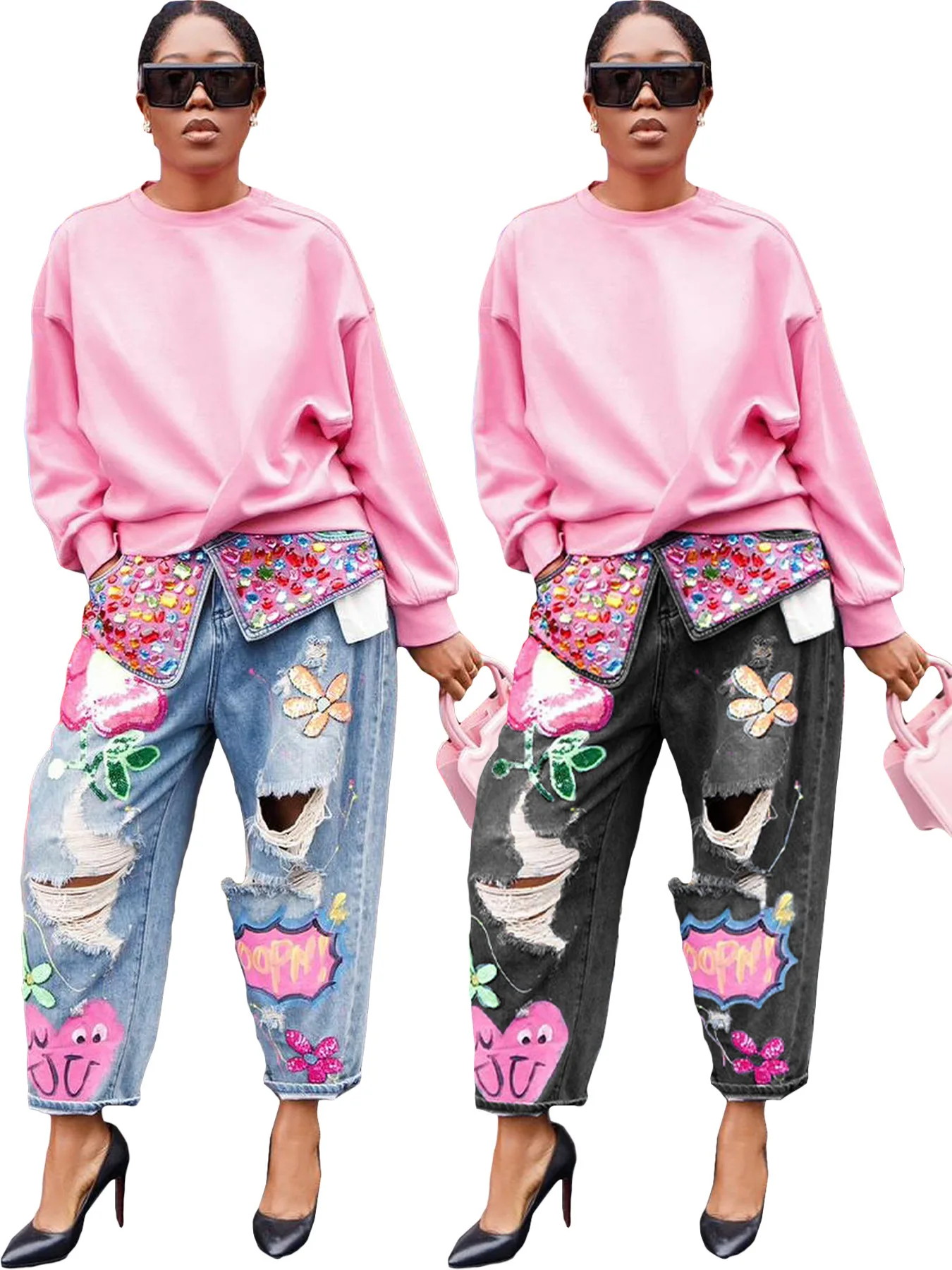 Women Denim Pant Jeans Print Floral Long Pants Hot Drilling High Waist Straight Trousers Y2k Streetwear Elegant Hole Work 2026
