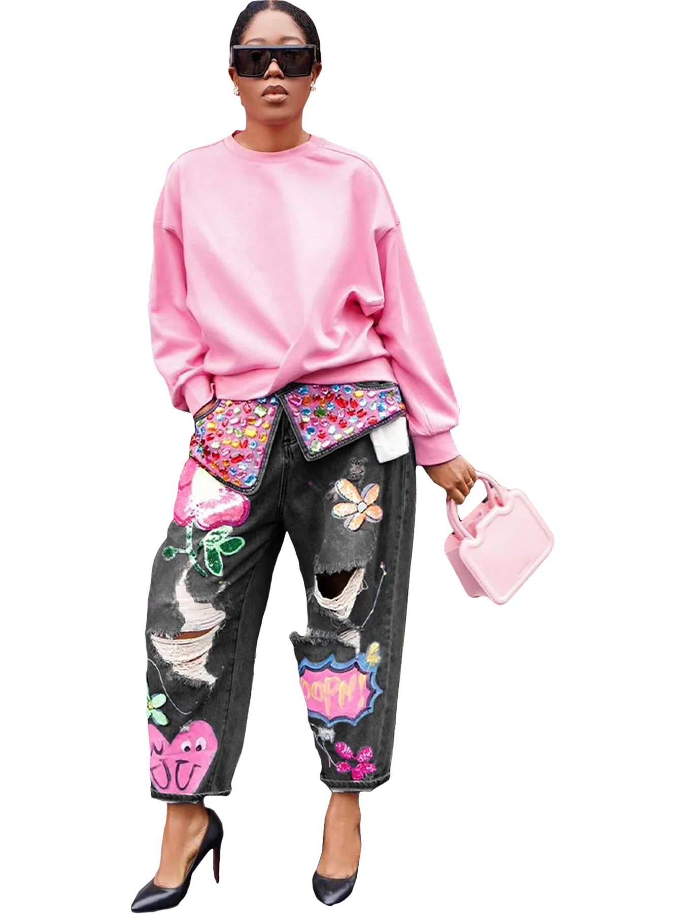 Women Denim Pant Jeans Print Floral Long Pants Hot Drilling High Waist Straight Trousers Y2k Streetwear Elegant Hole Work 2026