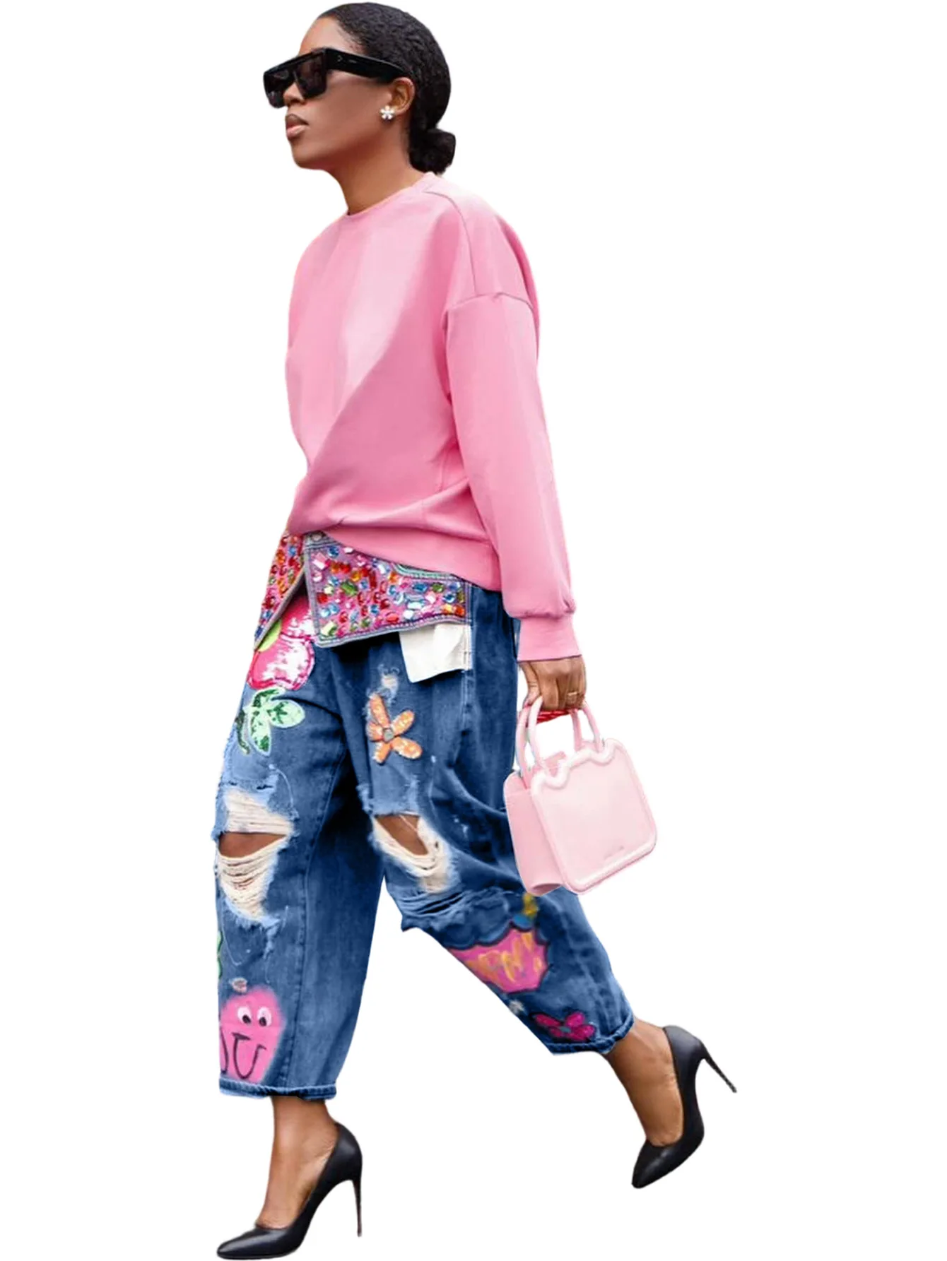 Women Denim Pant Jeans Print Floral Long Pants Hot Drilling High Waist Straight Trousers Y2k Streetwear Elegant Hole Work 2026