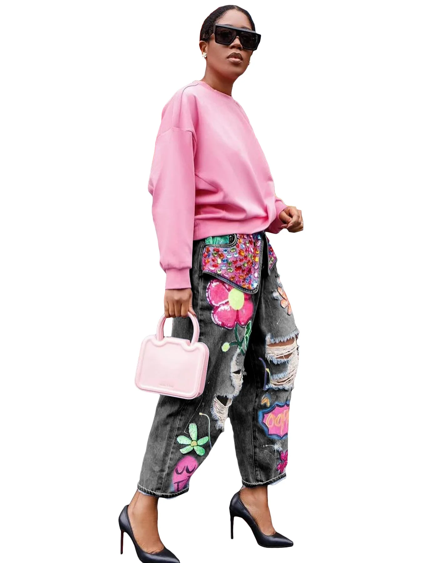Women Denim Pant Jeans Print Floral Long Pants Hot Drilling High Waist Straight Trousers Y2k Streetwear Elegant Hole Work 2026