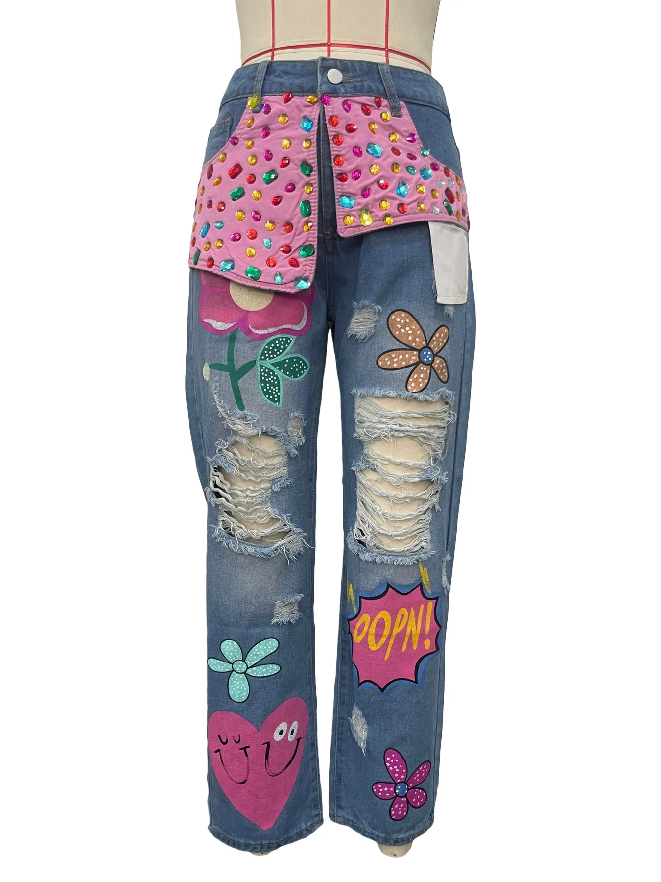 Women Denim Pant Jeans Print Floral Long Pants Hot Drilling High Waist Straight Trousers Y2k Streetwear Elegant Hole Work 2026