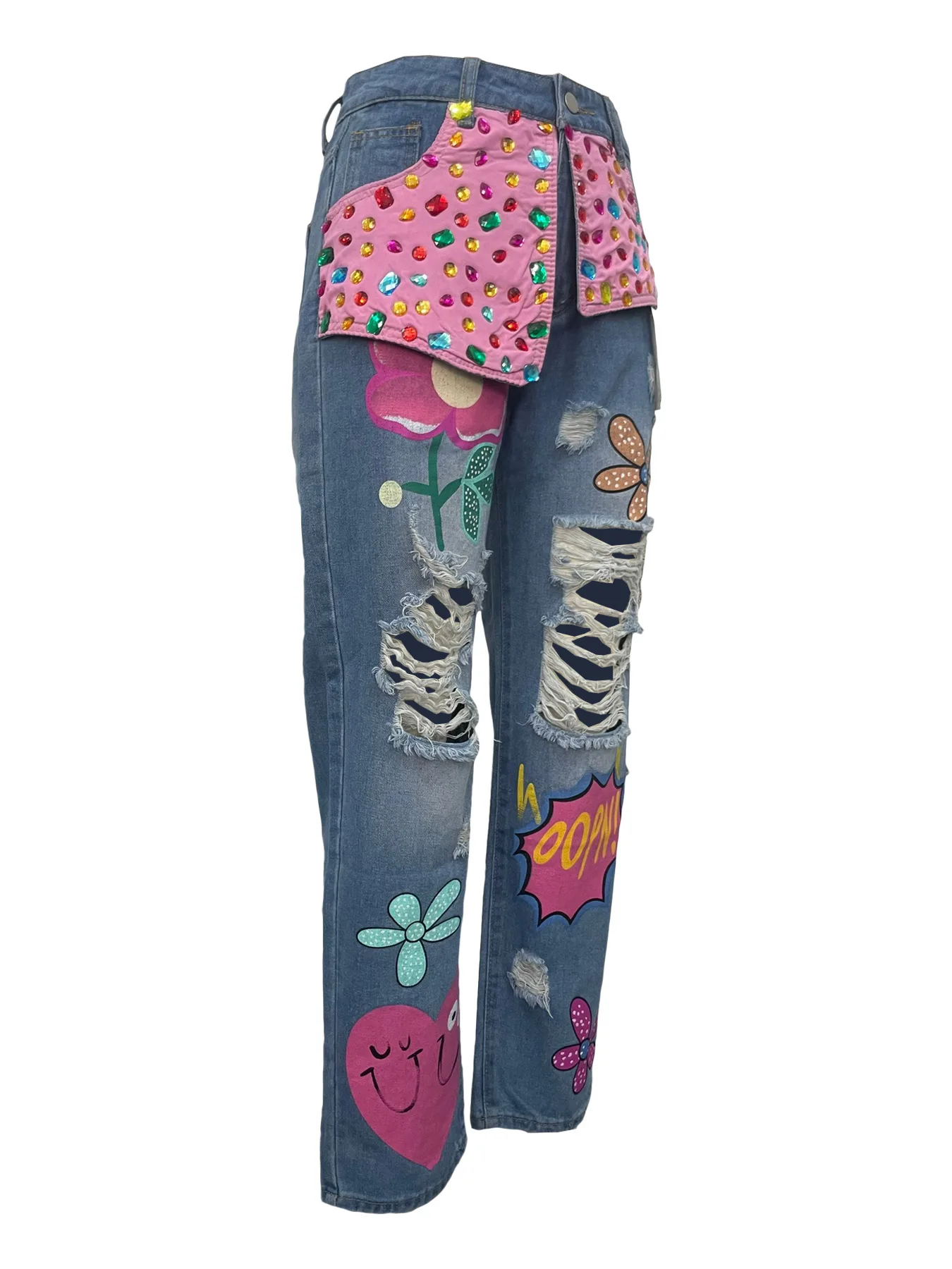 Women Denim Pant Jeans Print Floral Long Pants Hot Drilling High Waist Straight Trousers Y2k Streetwear Elegant Hole Work 2026