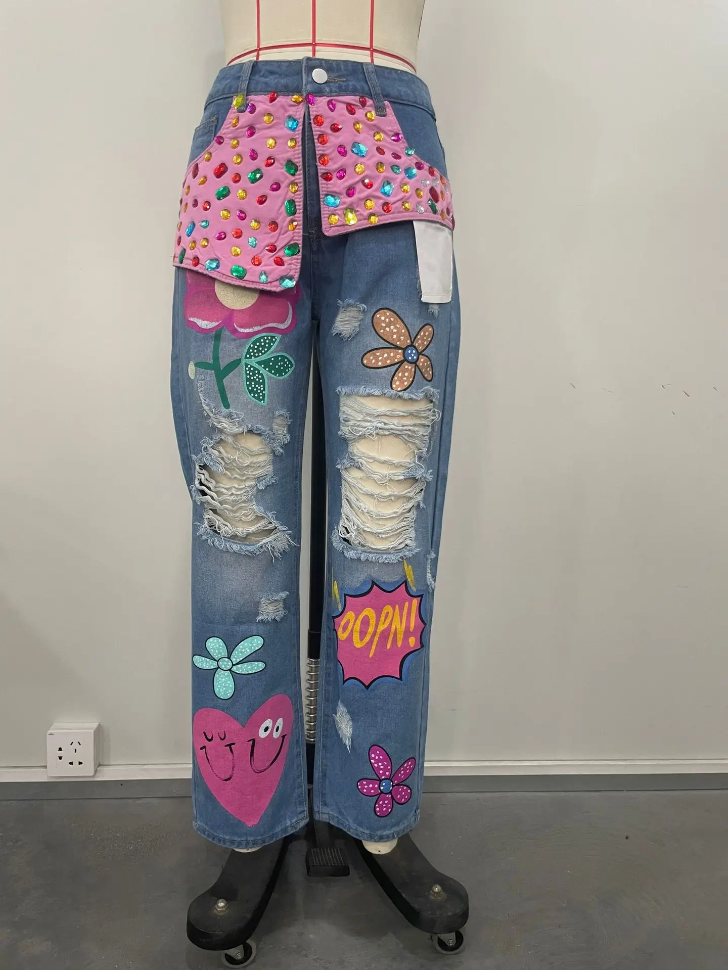 Women Denim Pant Jeans Print Floral Long Pants Hot Drilling High Waist Straight Trousers Y2k Streetwear Elegant Hole Work 2026