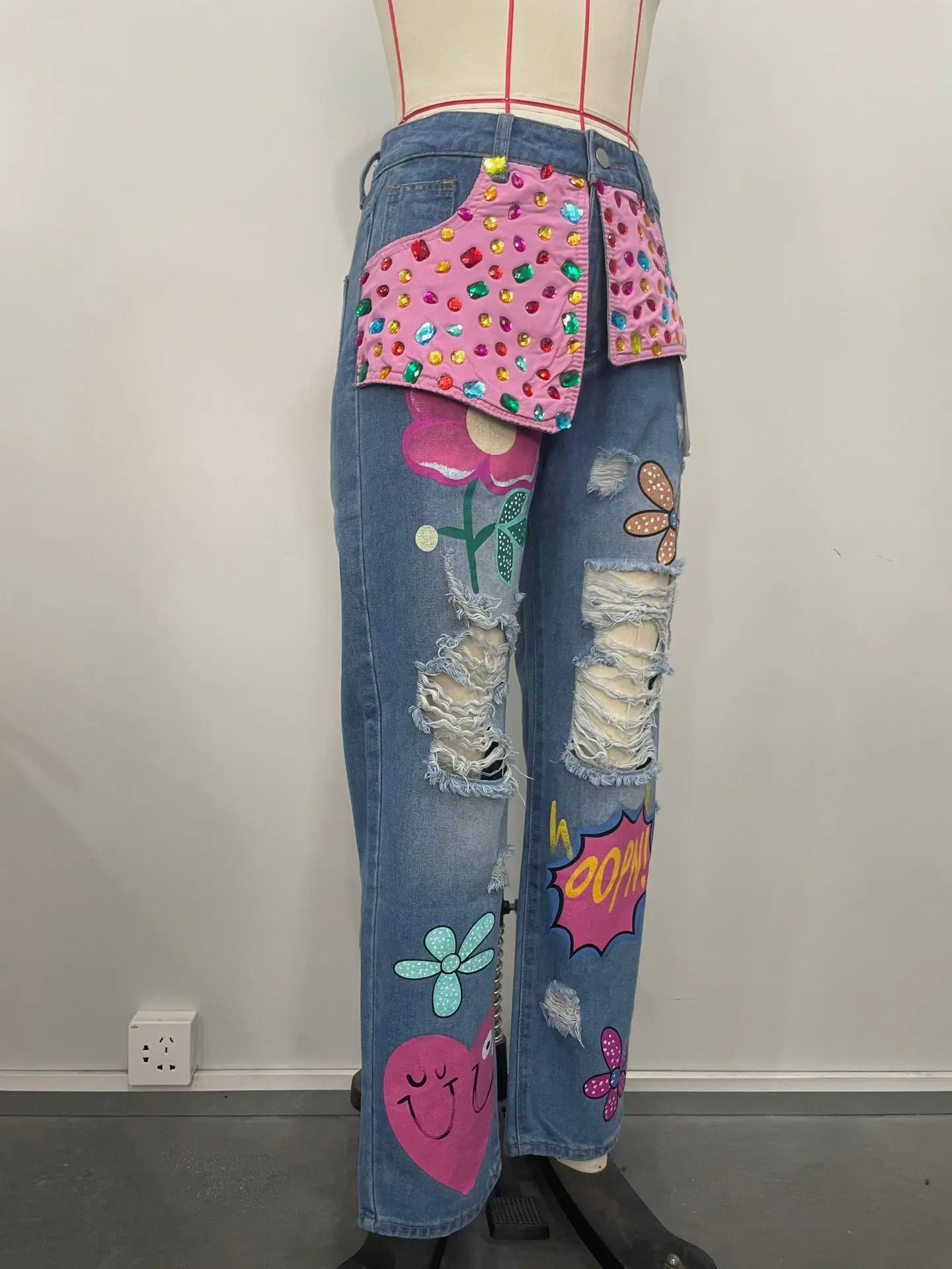 Women Denim Pant Jeans Print Floral Long Pants Hot Drilling High Waist Straight Trousers Y2k Streetwear Elegant Hole Work 2026
