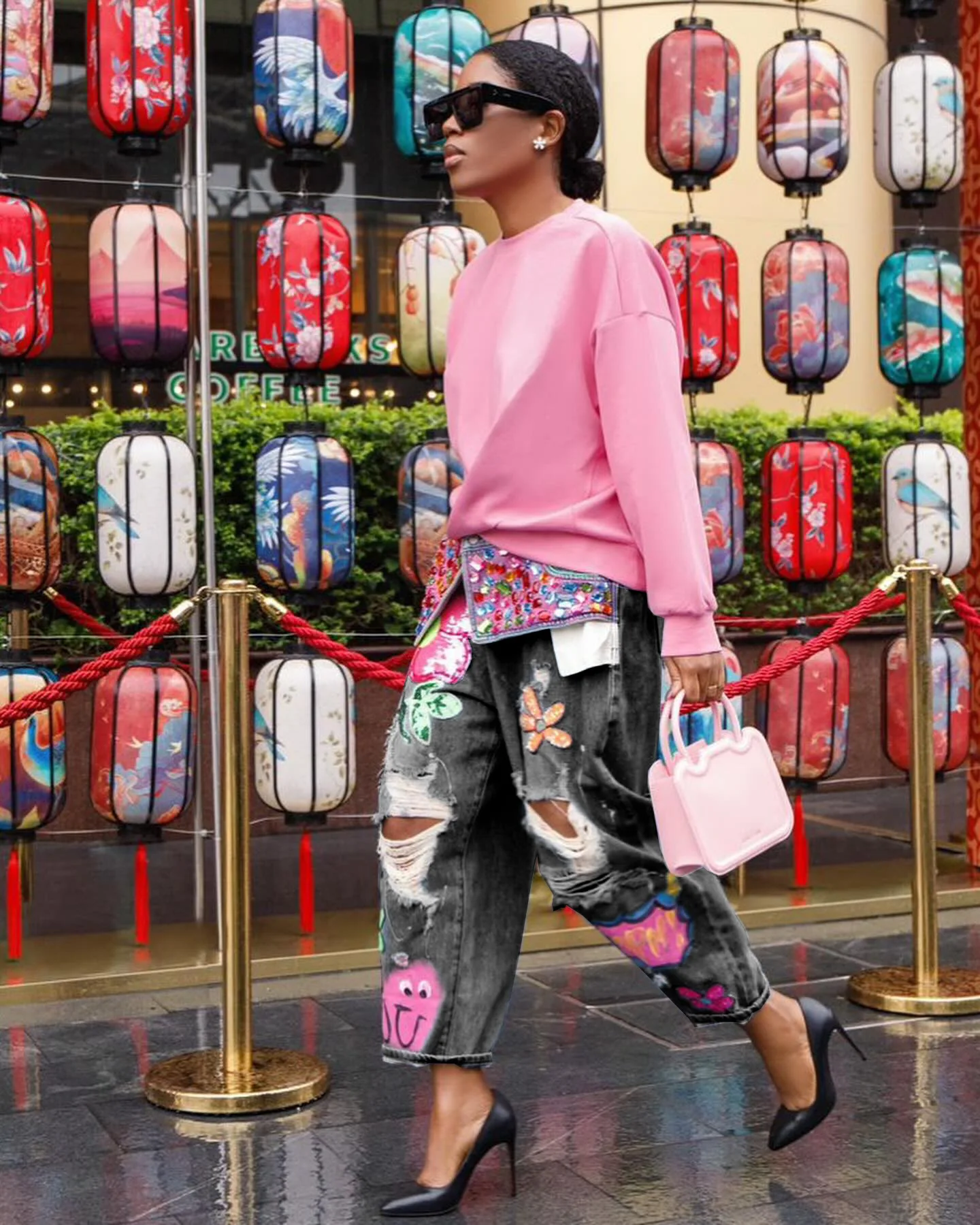 Women Denim Pant Jeans Print Floral Long Pants Hot Drilling High Waist Straight Trousers Y2k Streetwear Elegant Hole Work 2026