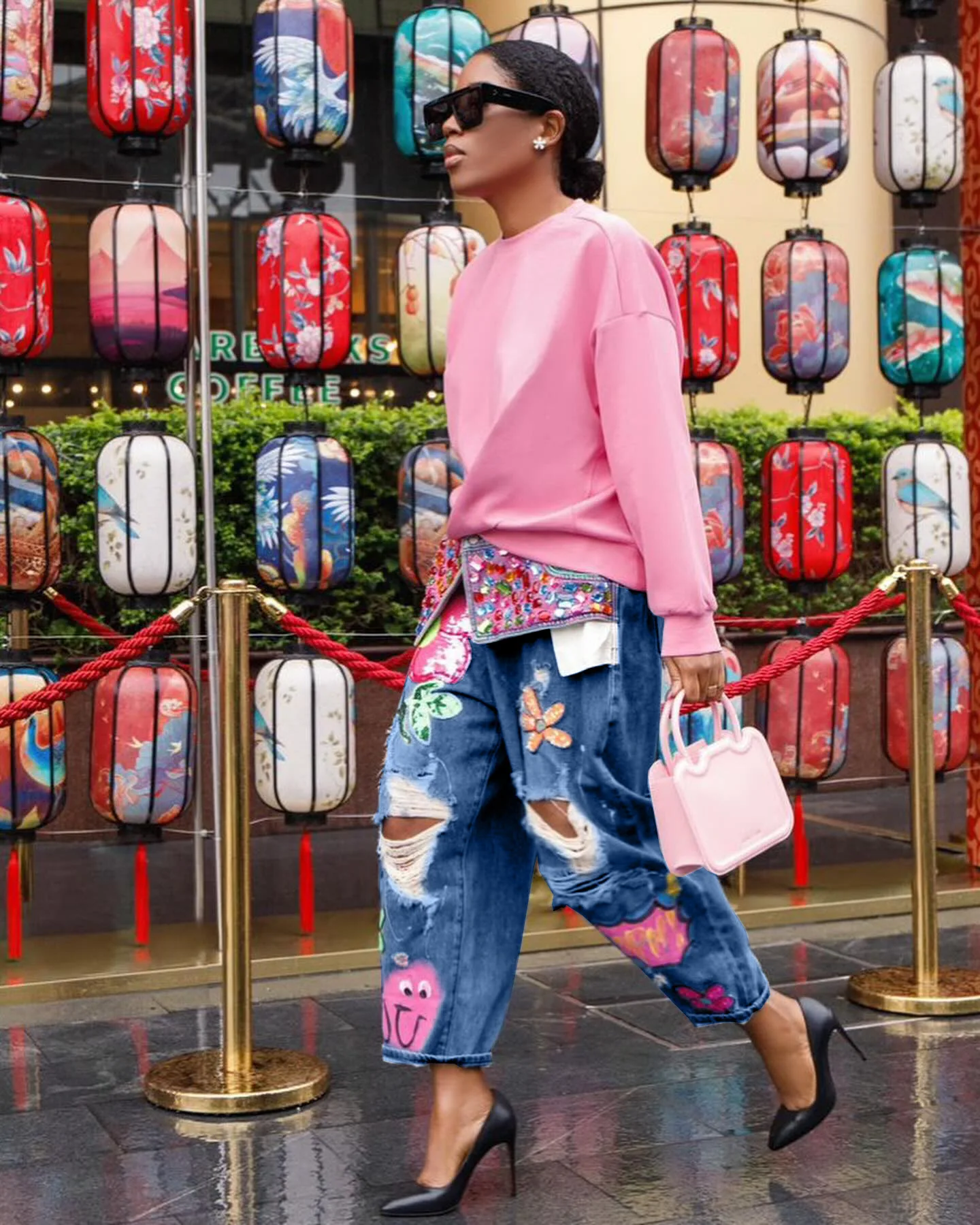 Women Denim Pant Jeans Print Floral Long Pants Hot Drilling High Waist Straight Trousers Y2k Streetwear Elegant Hole Work 2026