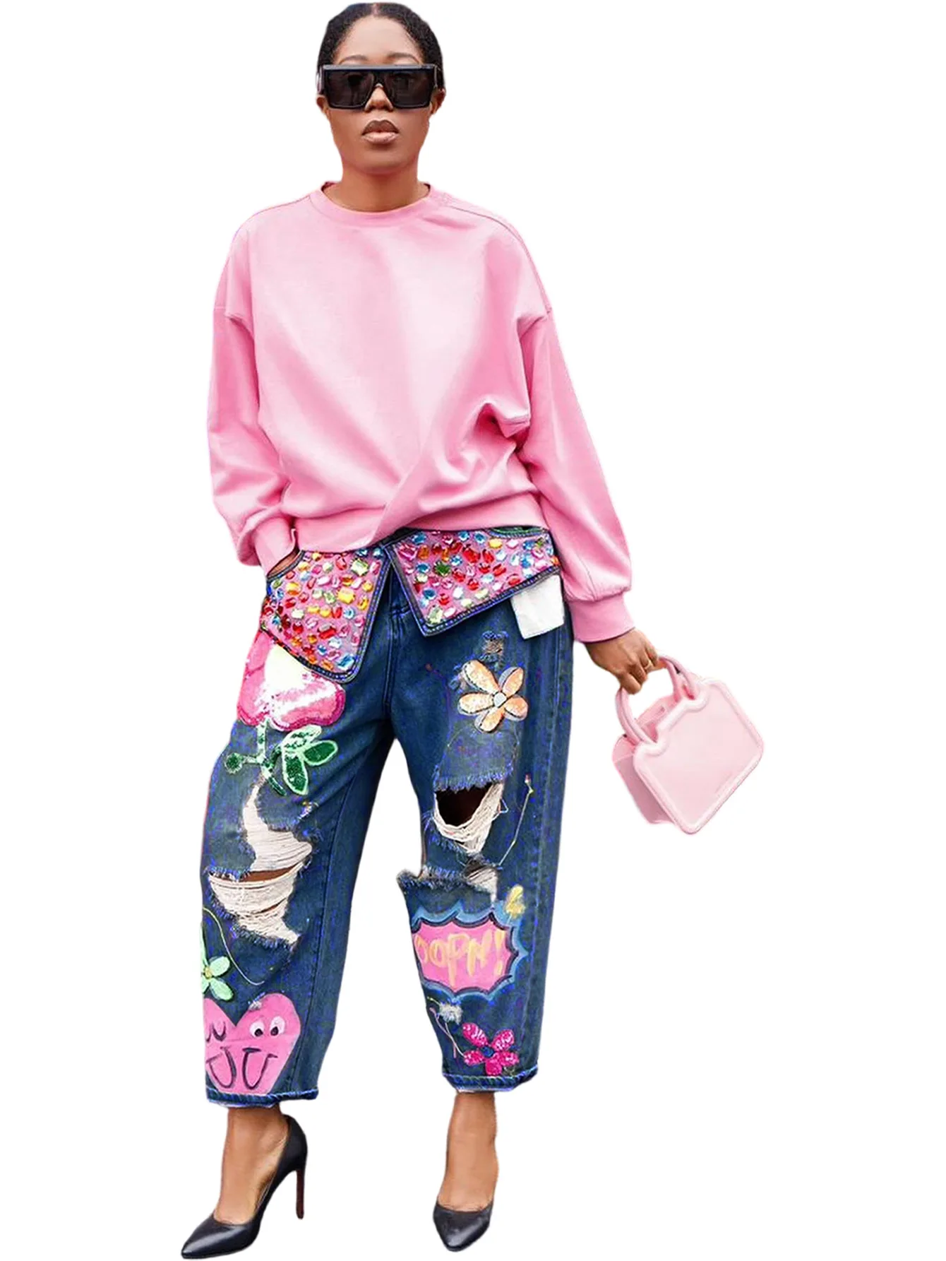 Women Denim Pant Jeans Print Floral Long Pants Hot Drilling High Waist Straight Trousers Y2k Streetwear Elegant Hole Work 2026