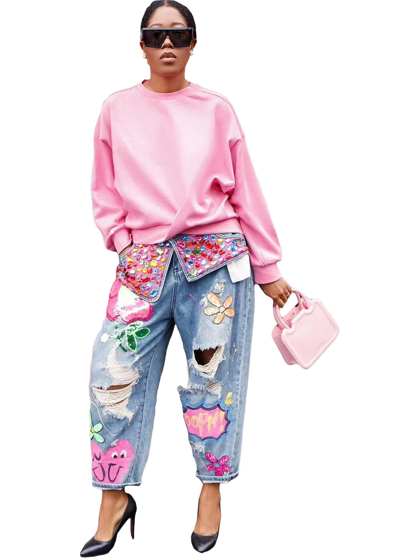 Women Denim Pant Jeans Print Floral Long Pants Hot Drilling High Waist Straight Trousers Y2k Streetwear Elegant Hole Work 2026