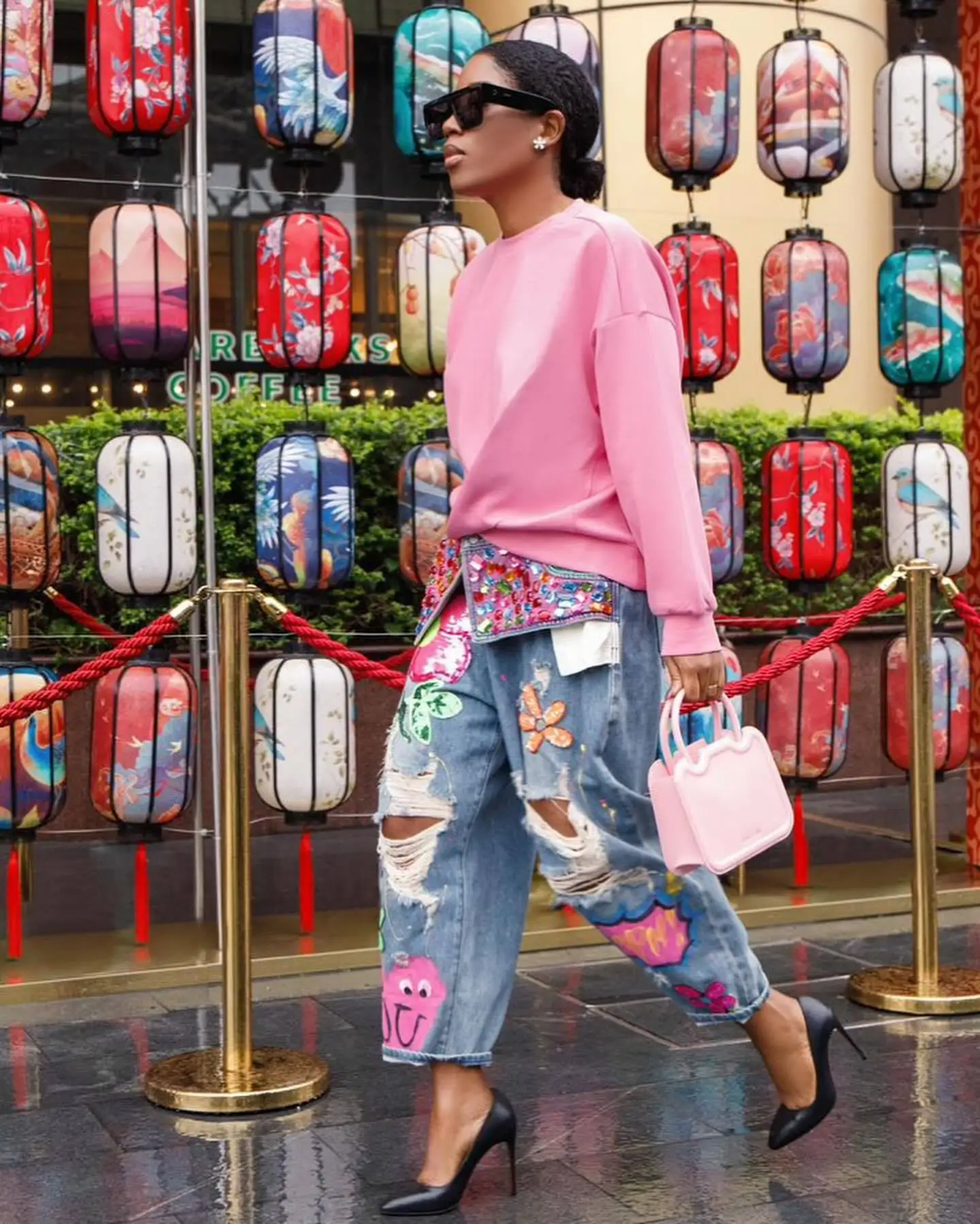 Women Denim Pant Jeans Print Floral Long Pants Hot Drilling High Waist Straight Trousers Y2k Streetwear Elegant Hole Work 2026