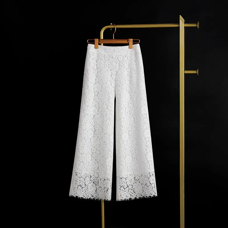 Matakawa Lace Wide Leg Pants Women Solid Spring Summer Elegant Pantalones De Mujer Korean Fashion Ankle Length Trousers