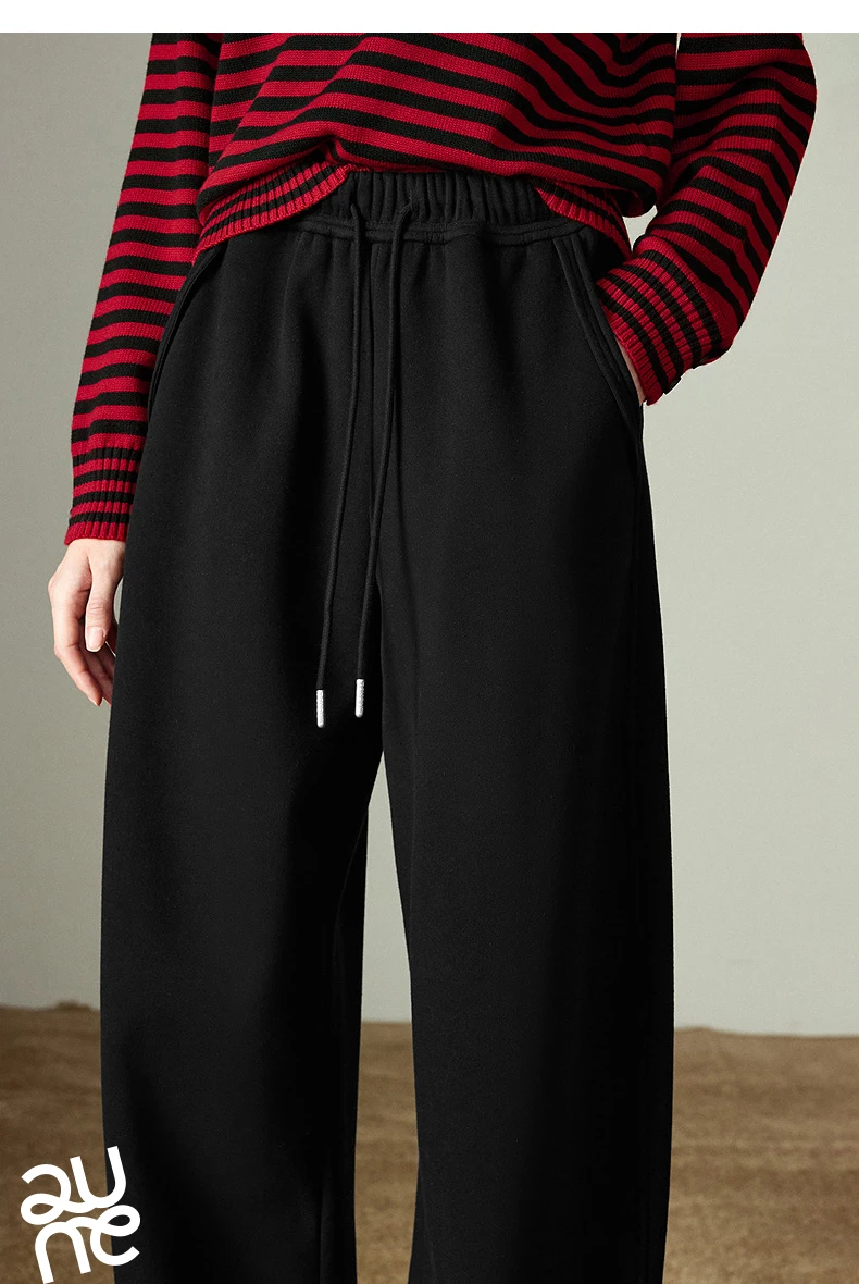 TOYOUTH Women Casual Pants 2025 Winter New Lazy Style Sports Draping Loose Elastic Waist Fleece-lined Banana Pants