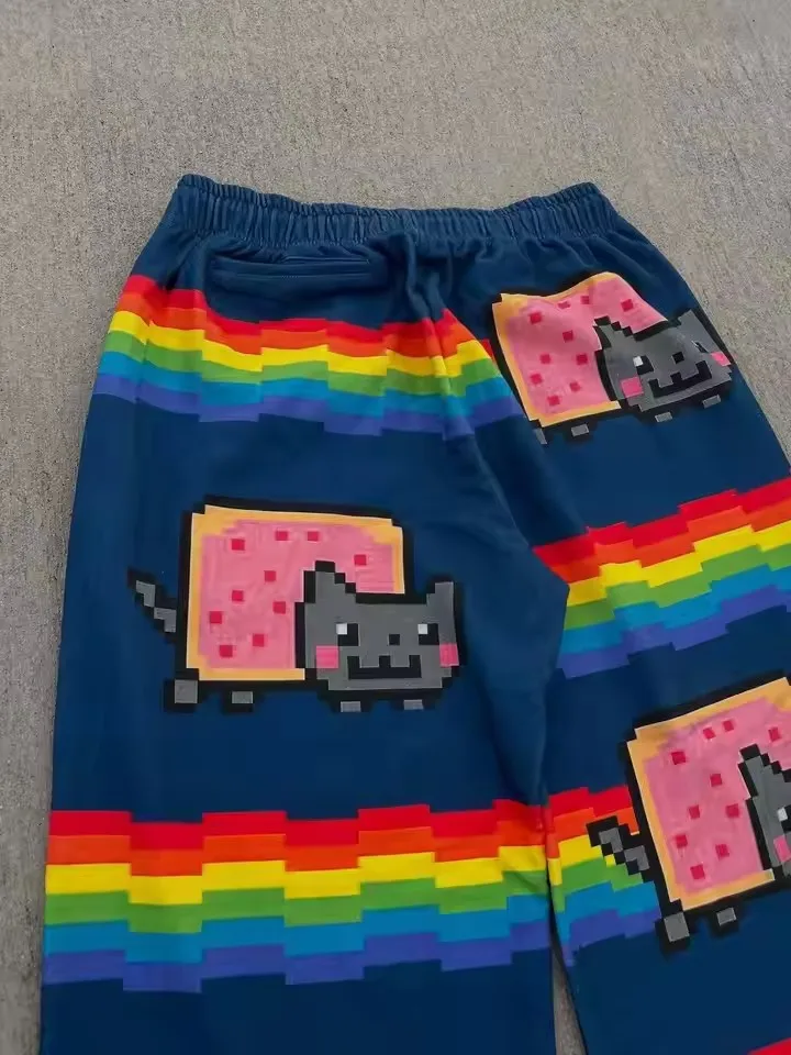 Y2K Streetwear Art Waffle Cat Baggy Pants Men Women Vintage Oversized Cotton Wide Leg Casual Lounge Joggers Fashion Summer Wear