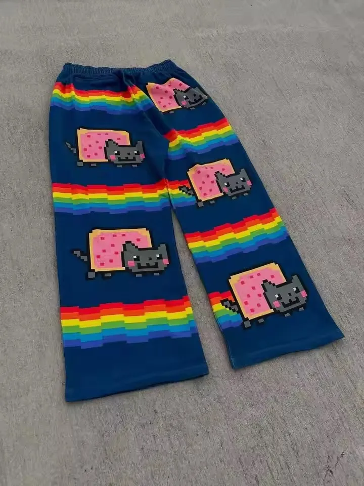 Y2K Streetwear Art Waffle Cat Baggy Pants Men Women Vintage Oversized Cotton Wide Leg Casual Lounge Joggers Fashion Summer Wear