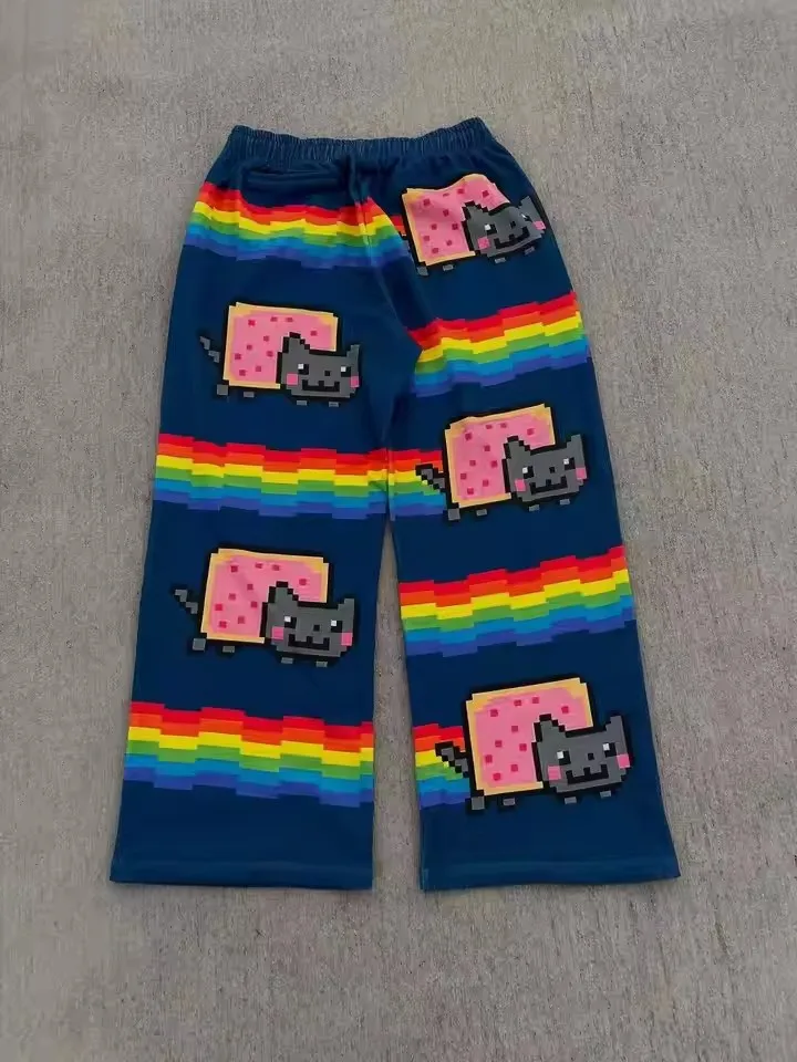 Y2K Streetwear Art Waffle Cat Baggy Pants Men Women Vintage Oversized Cotton Wide Leg Casual Lounge Joggers Fashion Summer Wear