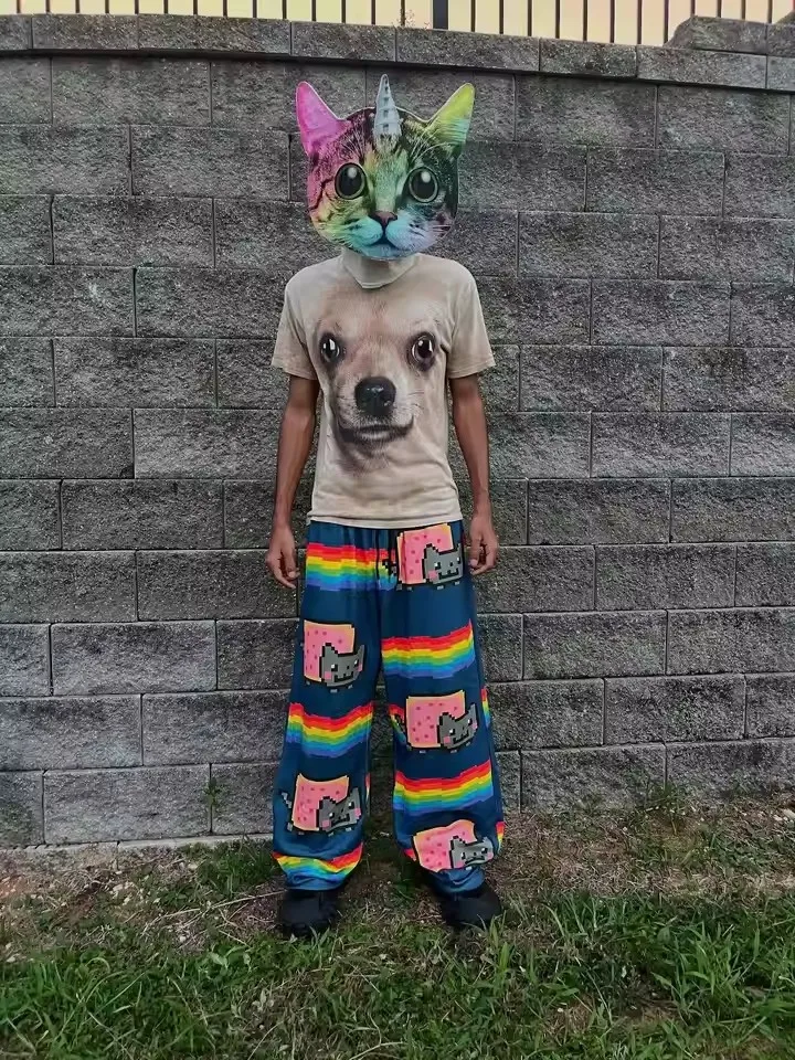 Y2K Streetwear Art Waffle Cat Baggy Pants Men Women Vintage Oversized Cotton Wide Leg Casual Lounge Joggers Fashion Summer Wear