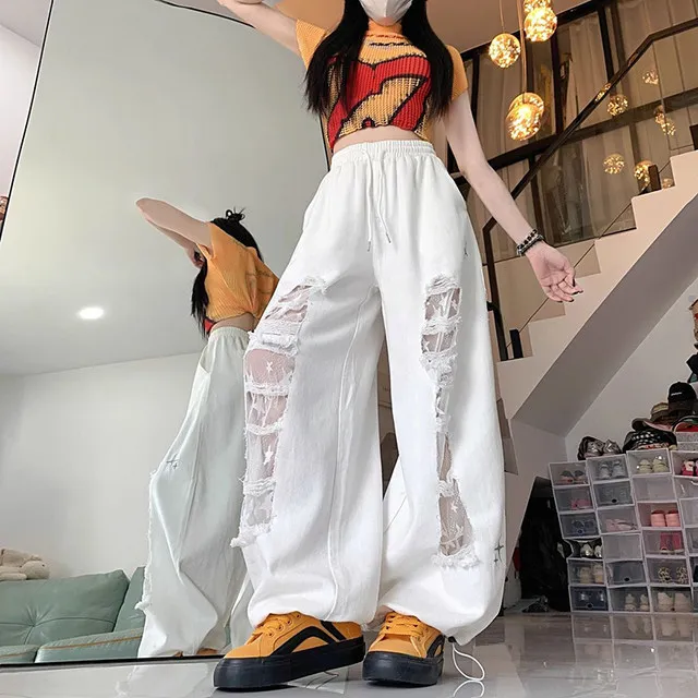 Y2k Hole Wide Leg Pant Women Streetwear Loose High Waist Lace Patchwork Trouser American Vintage Casual Harajuku Bf Pants