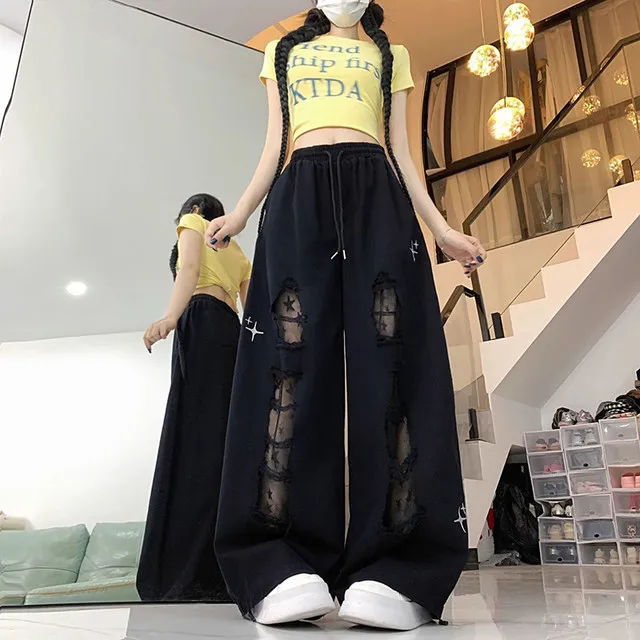 Y2k Hole Wide Leg Pant Women Streetwear Loose High Waist Lace Patchwork Trouser American Vintage Casual Harajuku Bf Pants