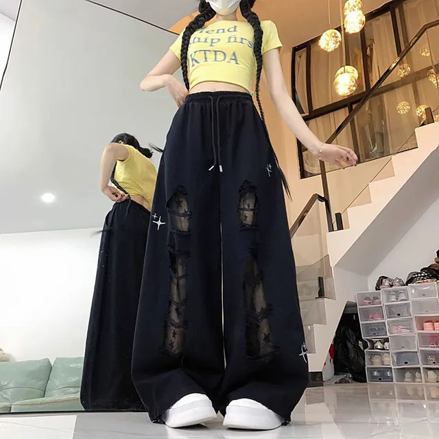 Y2k Hole Wide Leg Pant Women Streetwear Loose High Waist Lace Patchwork Trouser American Vintage Casual Harajuku Bf Pants