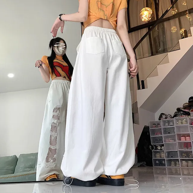 Y2k Hole Wide Leg Pant Women Streetwear Loose High Waist Lace Patchwork Trouser American Vintage Casual Harajuku Bf Pants