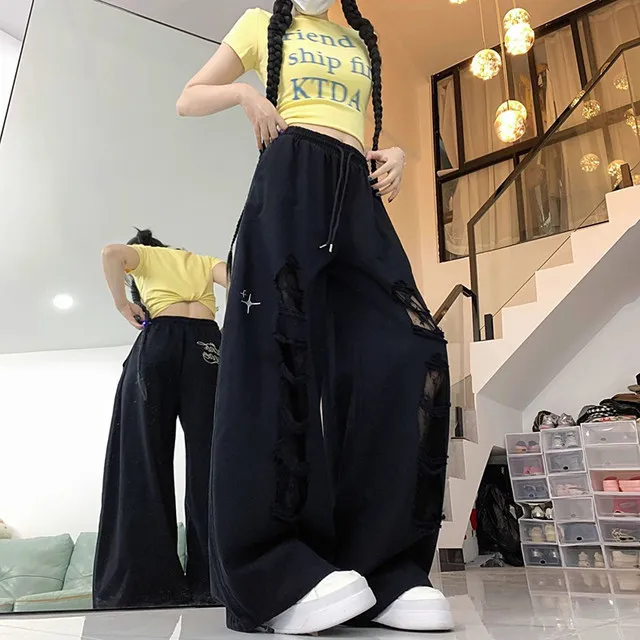 Y2k Hole Wide Leg Pant Women Streetwear Loose High Waist Lace Patchwork Trouser American Vintage Casual Harajuku Bf Pants