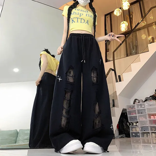 Y2k Hole Wide Leg Pant Women Streetwear Loose High Waist Lace Patchwork Trouser American Vintage Casual Harajuku Bf Pants