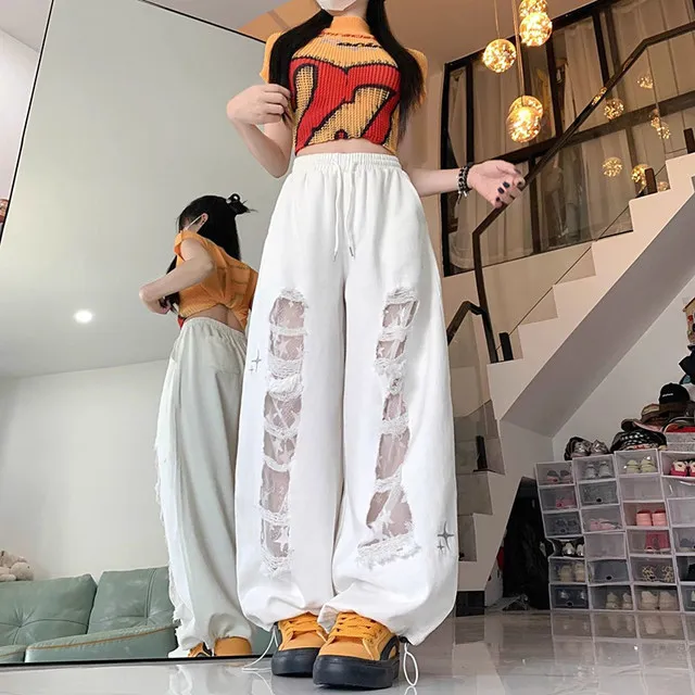 Y2k Hole Wide Leg Pant Women Streetwear Loose High Waist Lace Patchwork Trouser American Vintage Casual Harajuku Bf Pants