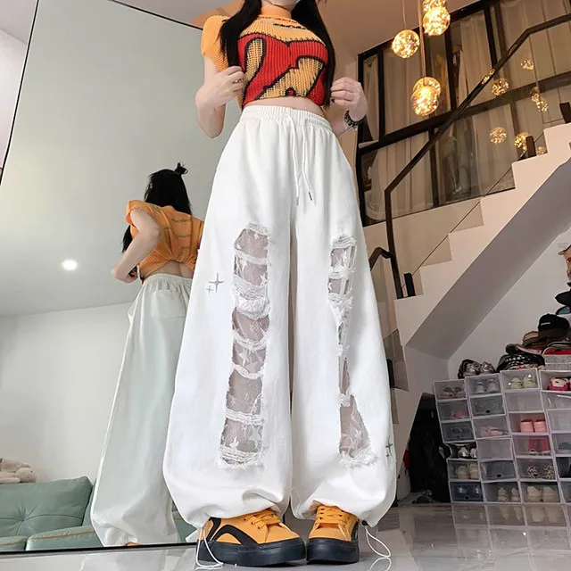 Y2k Hole Wide Leg Pant Women Streetwear Loose High Waist Lace Patchwork Trouser American Vintage Casual Harajuku Bf Pants