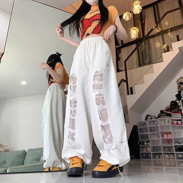 Y2k Hole Wide Leg Pant Women Streetwear Loose High Waist Lace Patchwork Trouser American Vintage Casual Harajuku Bf Pants