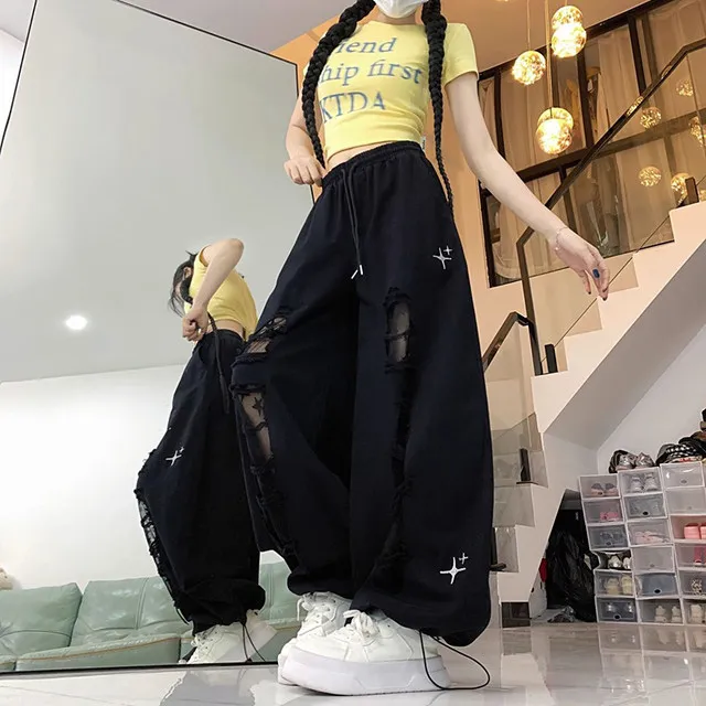 Y2k Hole Wide Leg Pant Women Streetwear Loose High Waist Lace Patchwork Trouser American Vintage Casual Harajuku Bf Pants