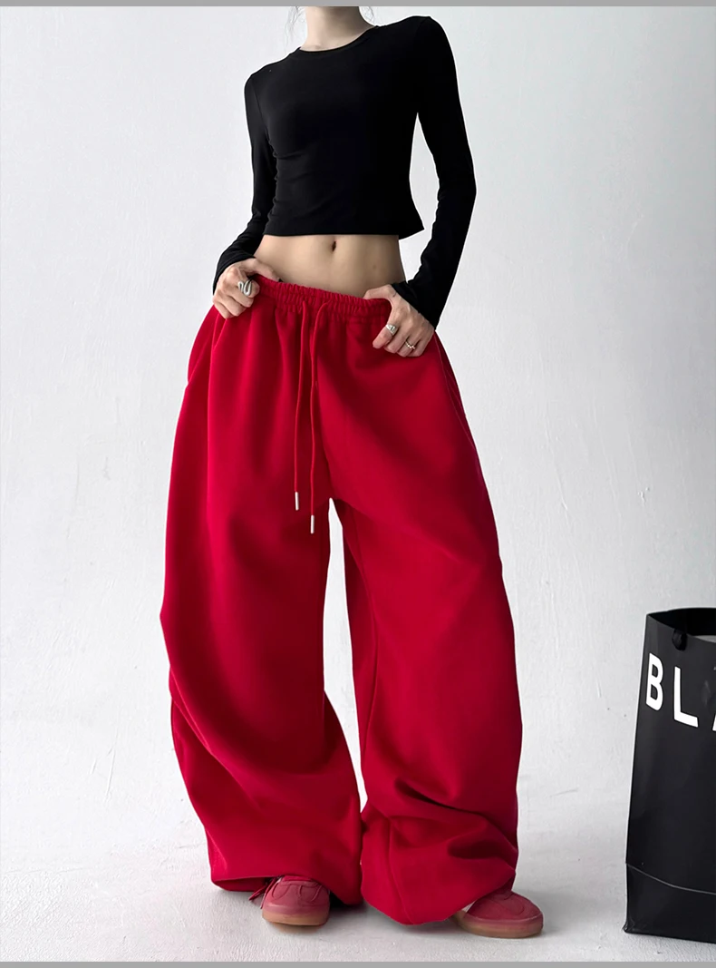 Women's Red Sweatpants Baggy Joggers Sports Dance Pants Harajuku Japanese 2000s Style Vintage Y2k Oversize Trousers Autumn 2025