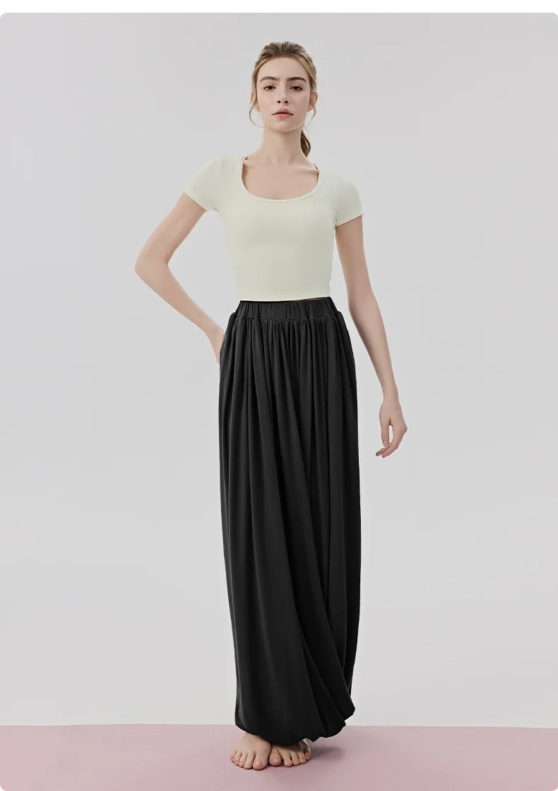 Women Casual Lazy Style Sports Long Pants Double Layer Knot Half Skirt Elastic Waist Slim Fit Pocket Outdoor Yoga Skirt Pants