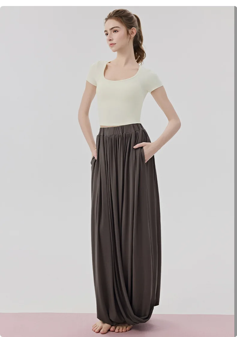 Women Casual Lazy Style Sports Long Pants Double Layer Knot Half Skirt Elastic Waist Slim Fit Pocket Outdoor Yoga Skirt Pants