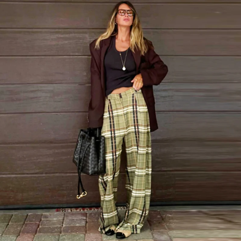 HXAO Plaid Baggy Pants Women's Pants Autumn 2025 Ladies Fashion Oversize High Waist Trousers Elegant Wide Leg Street Wear Pants