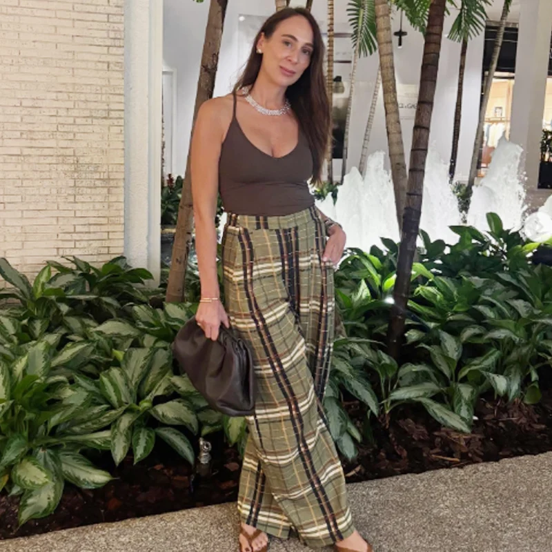 HXAO Plaid Baggy Pants Women's Pants Autumn 2025 Ladies Fashion Oversize High Waist Trousers Elegant Wide Leg Street Wear Pants