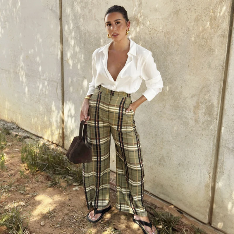 HXAO Plaid Baggy Pants Women's Pants Autumn 2025 Ladies Fashion Oversize High Waist Trousers Elegant Wide Leg Street Wear Pants