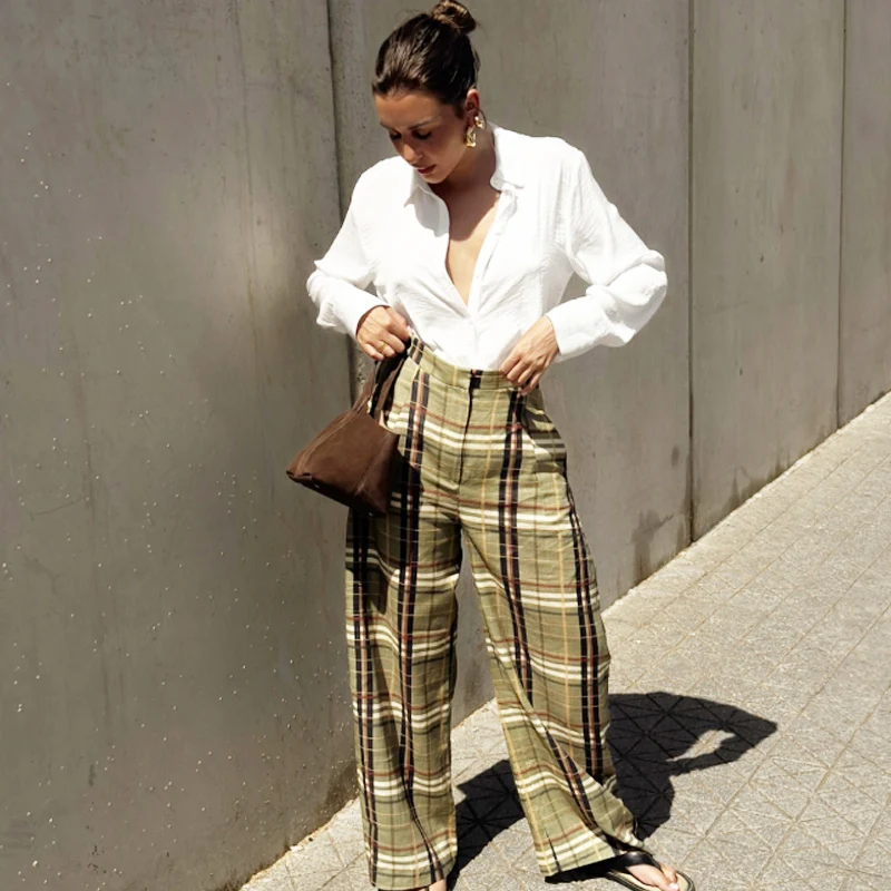 HXAO Plaid Baggy Pants Women's Pants Autumn 2025 Ladies Fashion Oversize High Waist Trousers Elegant Wide Leg Street Wear Pants