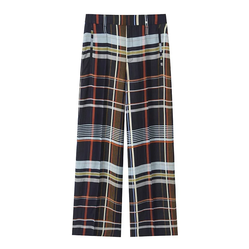 HXAO Plaid Women's Pants Baggy Wide Pants For Woman Autumn Minimalist Long Casual Pants Women Mid Waist Check Trousers Bottoms