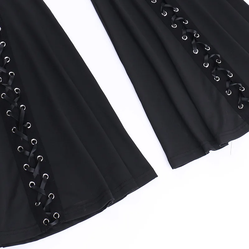 AltGoth Streetwear Gothic Pants Women Harajuku Cyber Punk Eyelet Lace-up Hollow Out High Waist Flare Pants Y2k Grunge Trousers