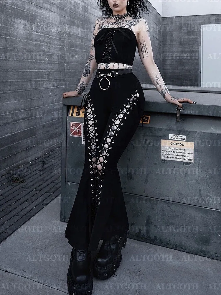 AltGoth Streetwear Gothic Pants Women Harajuku Cyber Punk Eyelet Lace-up Hollow Out High Waist Flare Pants Y2k Grunge Trousers