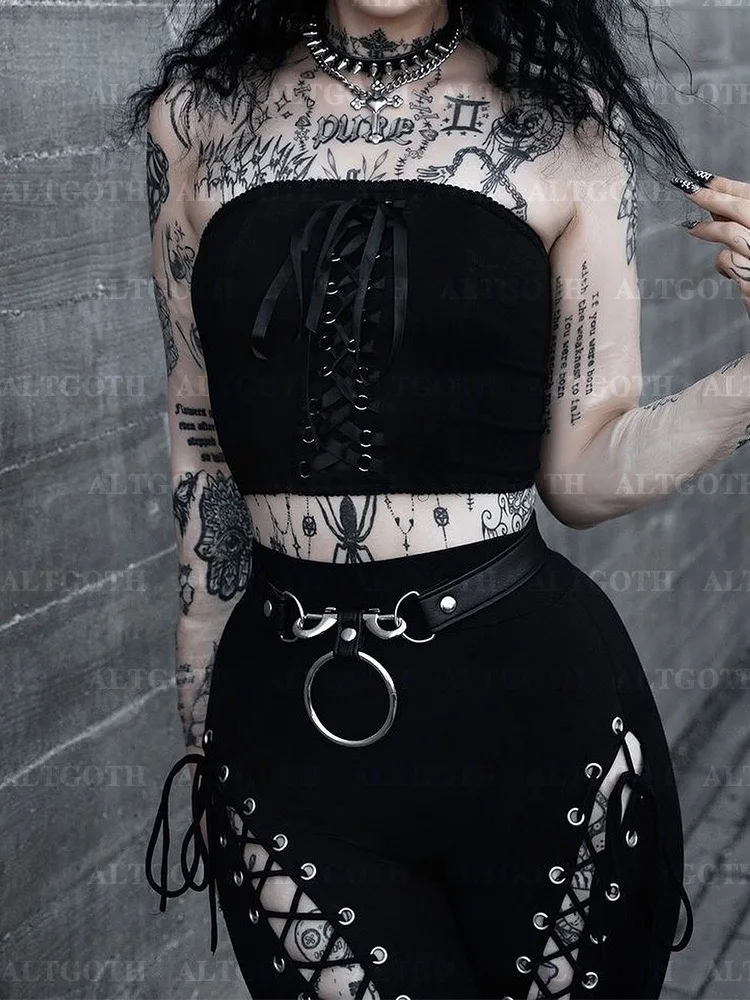 AltGoth Streetwear Gothic Pants Women Harajuku Cyber Punk Eyelet Lace-up Hollow Out High Waist Flare Pants Y2k Grunge Trousers